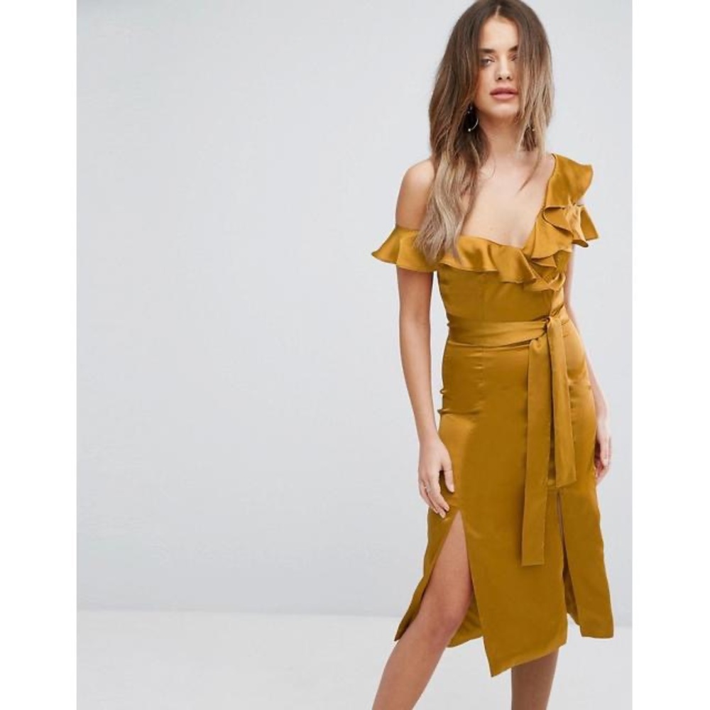 Lavish Alice Metallic Gold Satin Asymmetric Frill Midi Dress